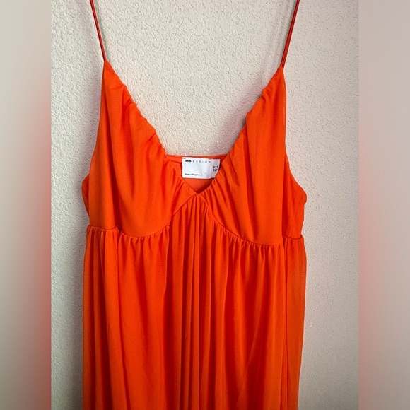 NWT ASOS Coral Orange Mesh Overlay Empire Waist Skater Maxi Dress 14 - Picture 8 of 13